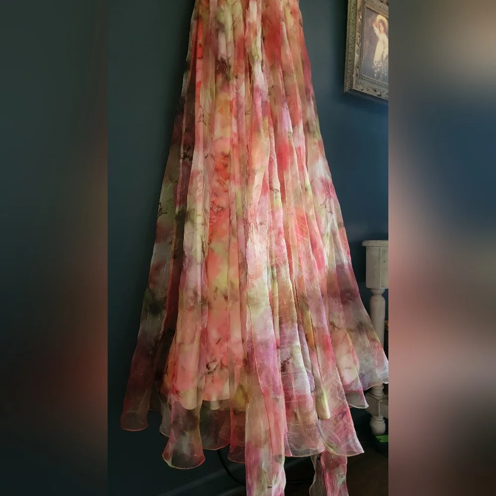 NWT Theia Faye Painterly Bow Organza Lightweight Chiffon Flowy A-line Gown 4‎ - Picture 13 of 15